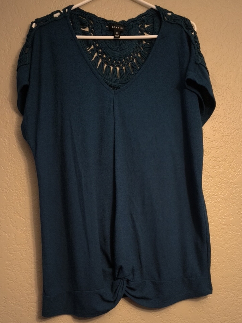 torrid Sz 0X Teal Crochet-Back V-Neck Short Sleeve Knit Top Fairycore BohoChic